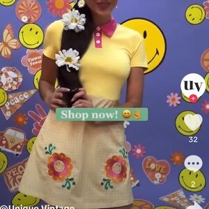 Smiley x Smak Par Lour  Yellow Gingham & Smiley Daisy Mini Dress size small